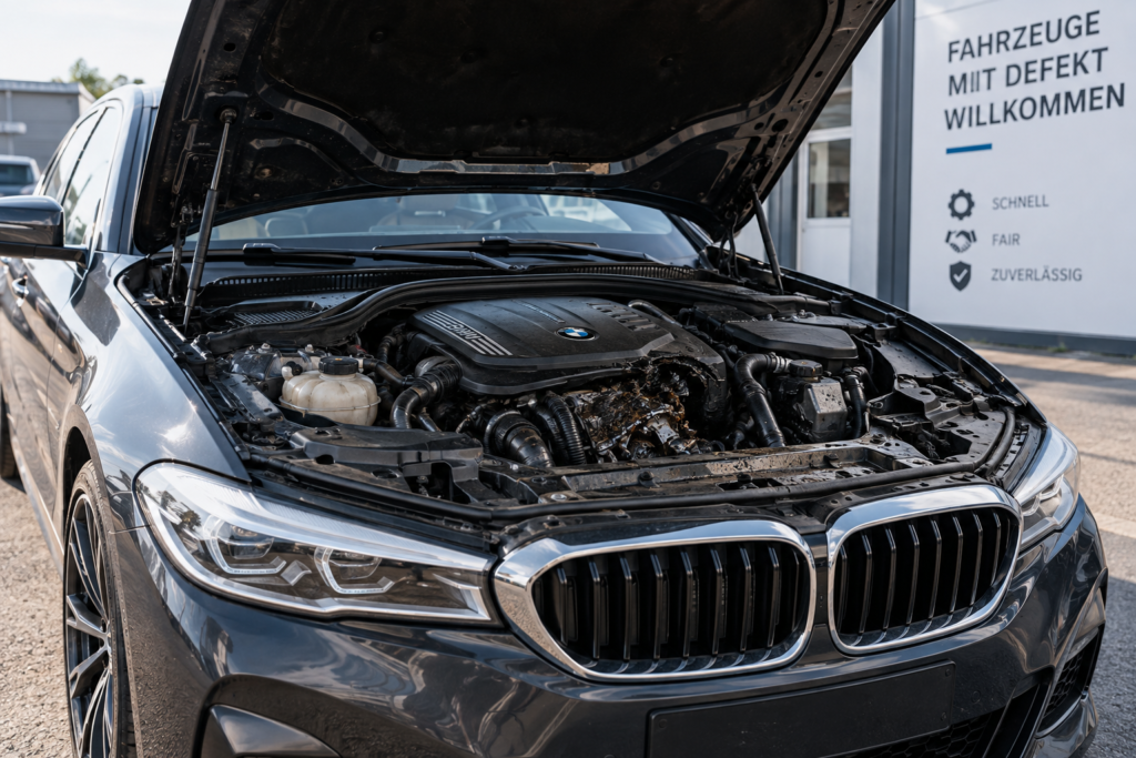 BMW mit geöffneter Motorhaube und sichtbarem Motorraum