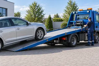 Verladung eines Autos auf einen Abschleppwagen mit Seilwinde