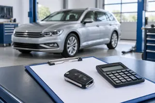 Fahrzeugschlüssel und Kalkulation zur Bewertung eines Autos mit Getriebeschaden