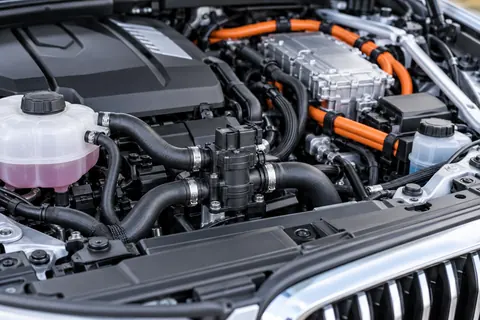 Kühlmittelleitungen und isolierte Hochvoltkabel in einem Hybridmotorraum
