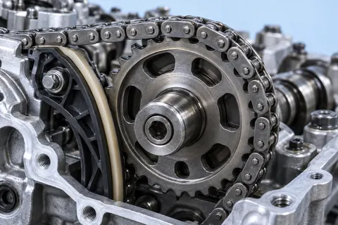 Steuerkette mit Kettenrad und Führung als technische Illustration