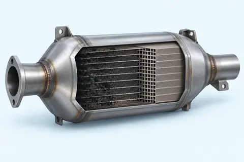 Dieselpartikelfilter mit rußbeladenen Filterkanälen im Schnitt