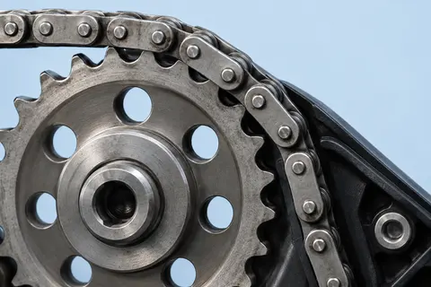 Steuerkette auf einem metallischen Kettenrad mit Führungsschiene