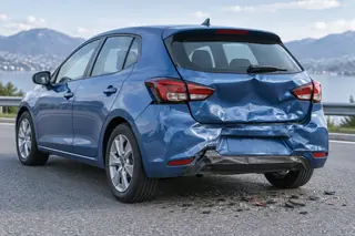 Unfallwagen mit eingedrückter Heckklappe und beschädigtem hinteren Stoßfänger