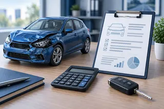Beschädigtes Modellauto neben Bewertungsunterlagen, Taschenrechner und Fahrzeugschlüssel