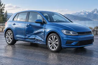 Blauer Wagen mit eingedrückter Seitentür und beschädigtem Schweller