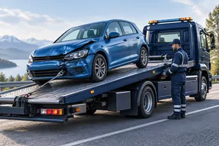 Unfallwagen wird mit einer Seilwinde auf einen Abschleppwagen geladen