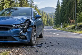 Beschädigtes blaues Auto an einer Waldstraße